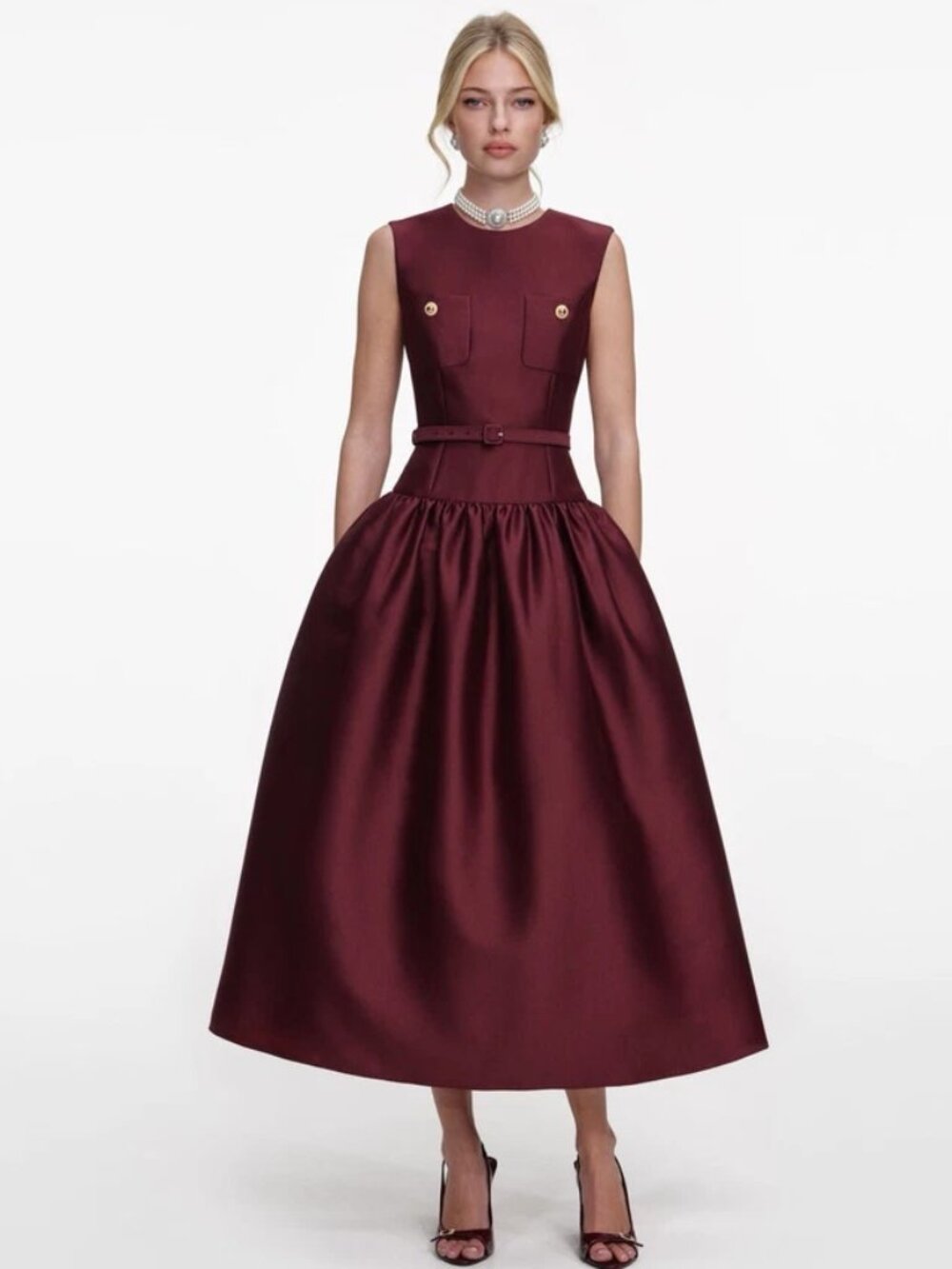 Self-Portrait Burgundy Taffeta Midi Dress